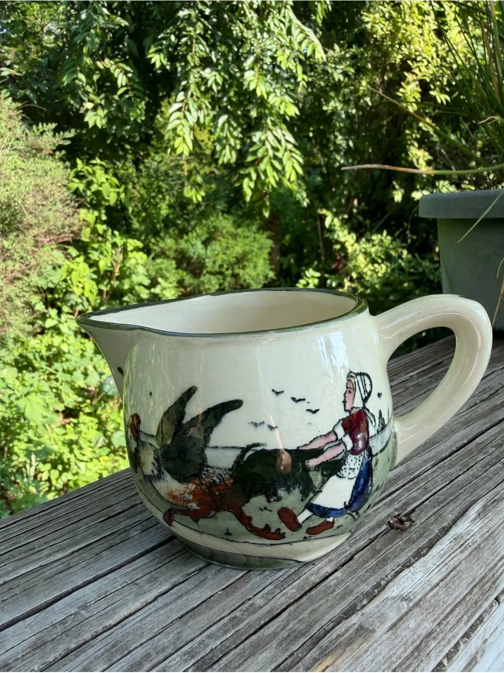 Made in Austria Creamer Woman Chasing Rooster 7258 Sage green And Cream